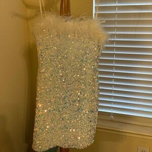 B. Darlin White Sequin Dress with Feather Trim- Size 1/2